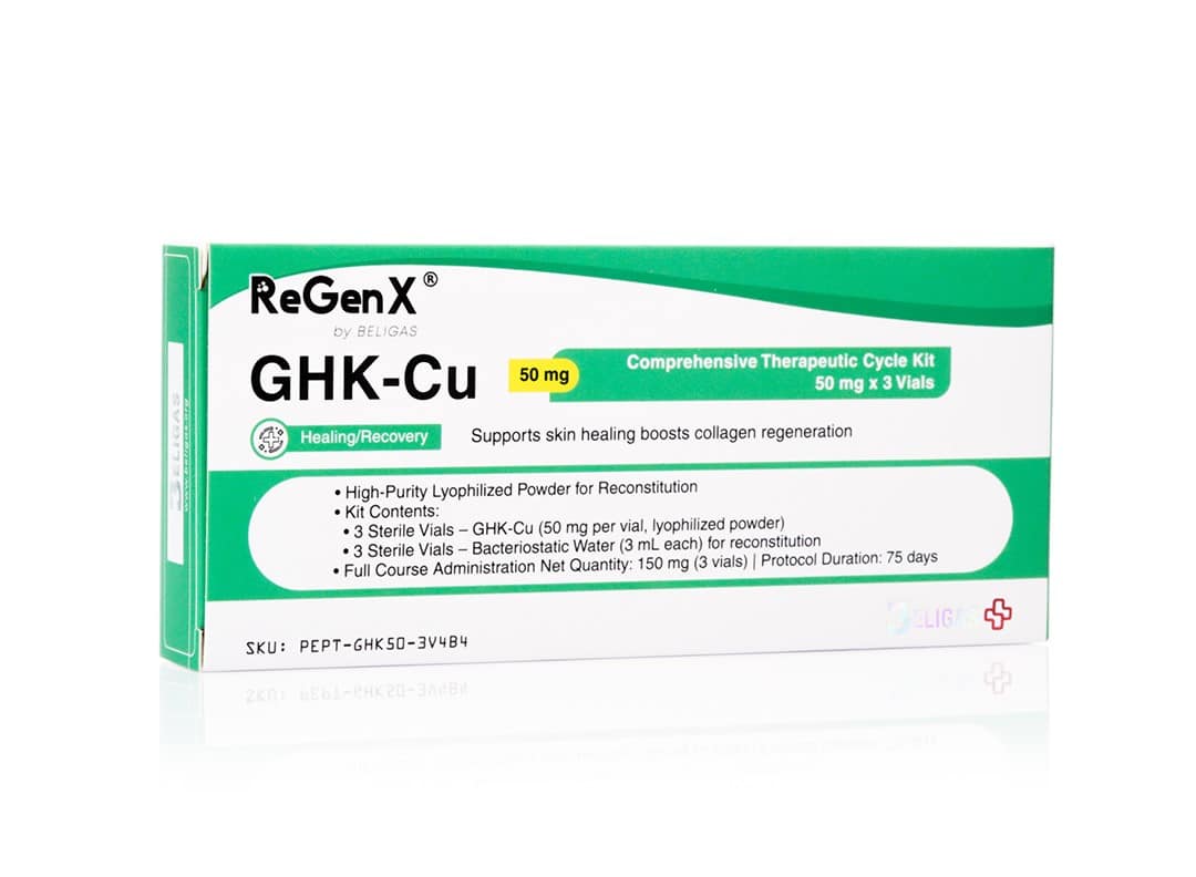 ReGenX GHK-Cu 50mg/mL, 3개(50mg) 바이알 + 3개(3mL) 물 트레이 - Beligas(국제)